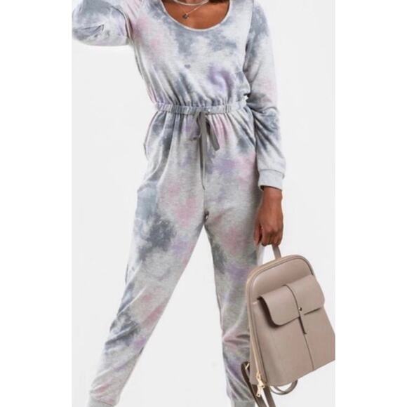 AS U WISH Women’s Gray Tie Dye Scoop Neck Long Sleeve Drawstring Casual Jumpsuit - Picture 1 of 5